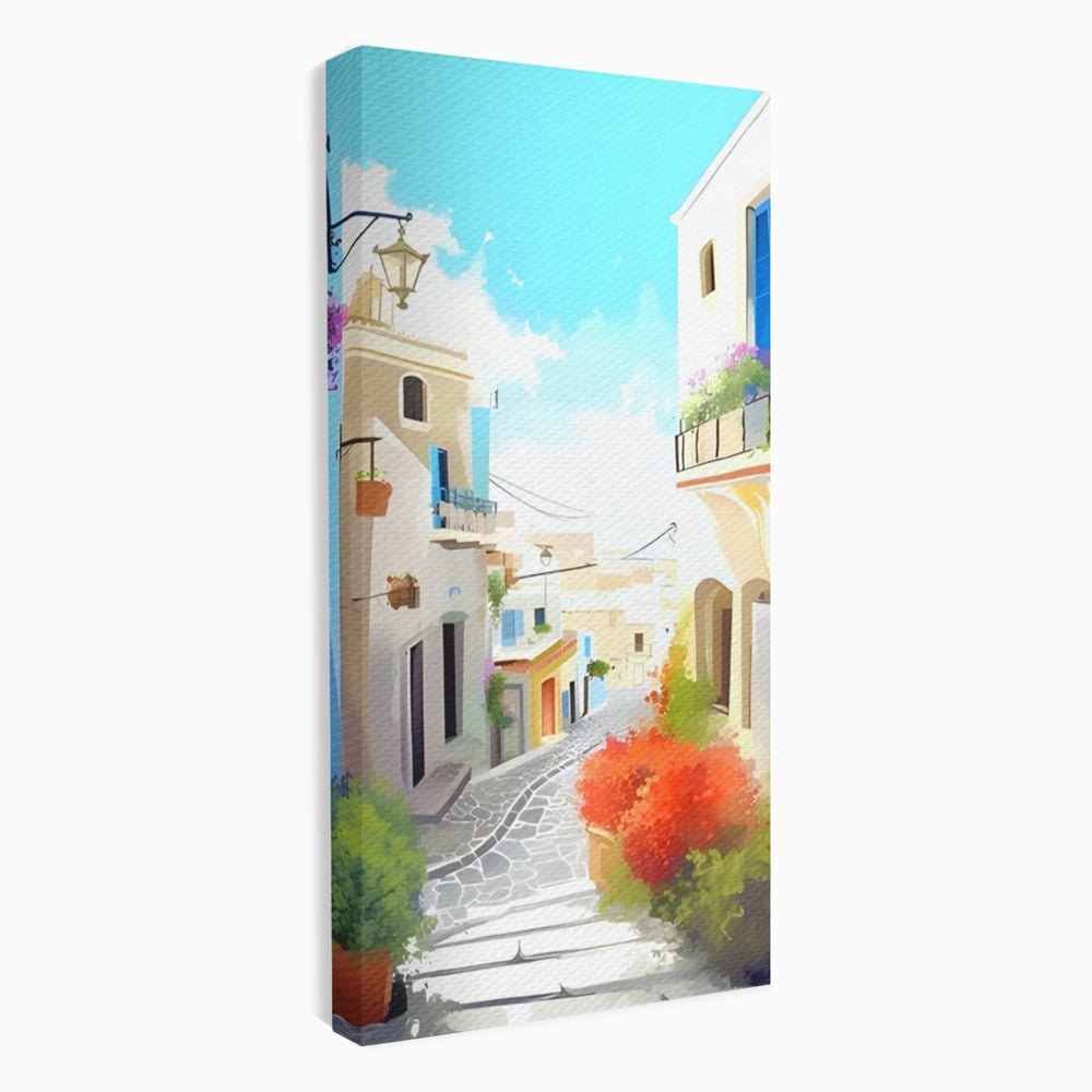 Tablou canvas cu ilustratie digitala cu strada mediteraneana, fara rama, pe sasiu de lemn